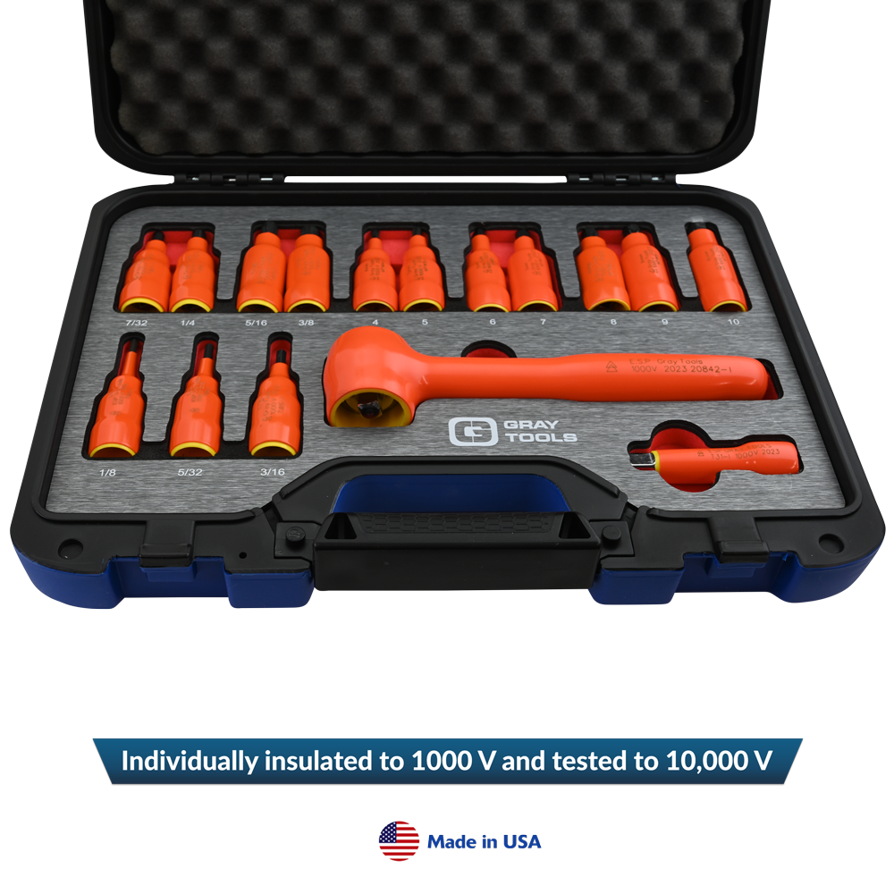 16 Piece 3/8" Drive SAE & Metric Hex Bit Insulated Socket and Attachment Set, 1000V Insulated