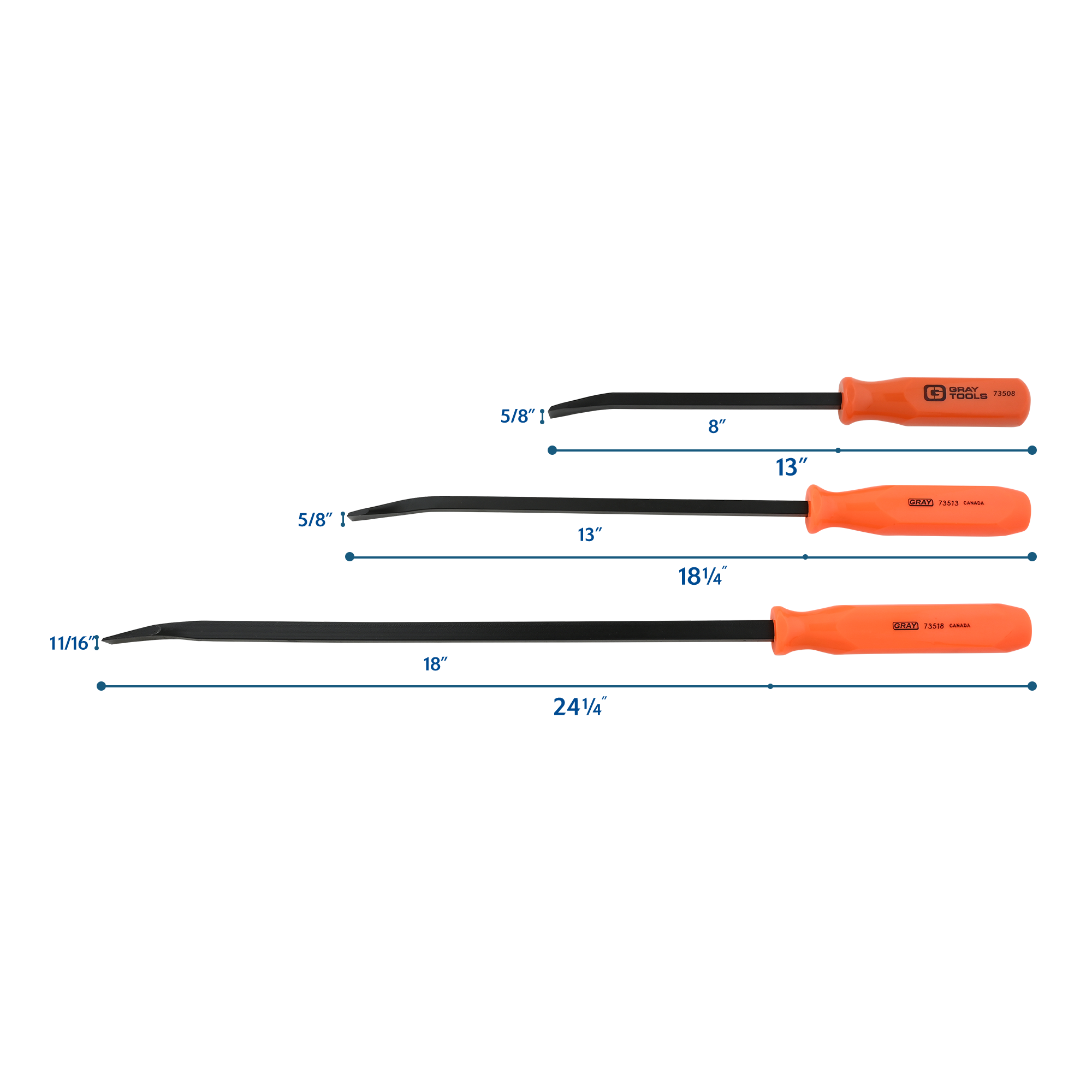 3 Piece Florescent Orange Handled Pry Bar Set with Black Oxide Blades