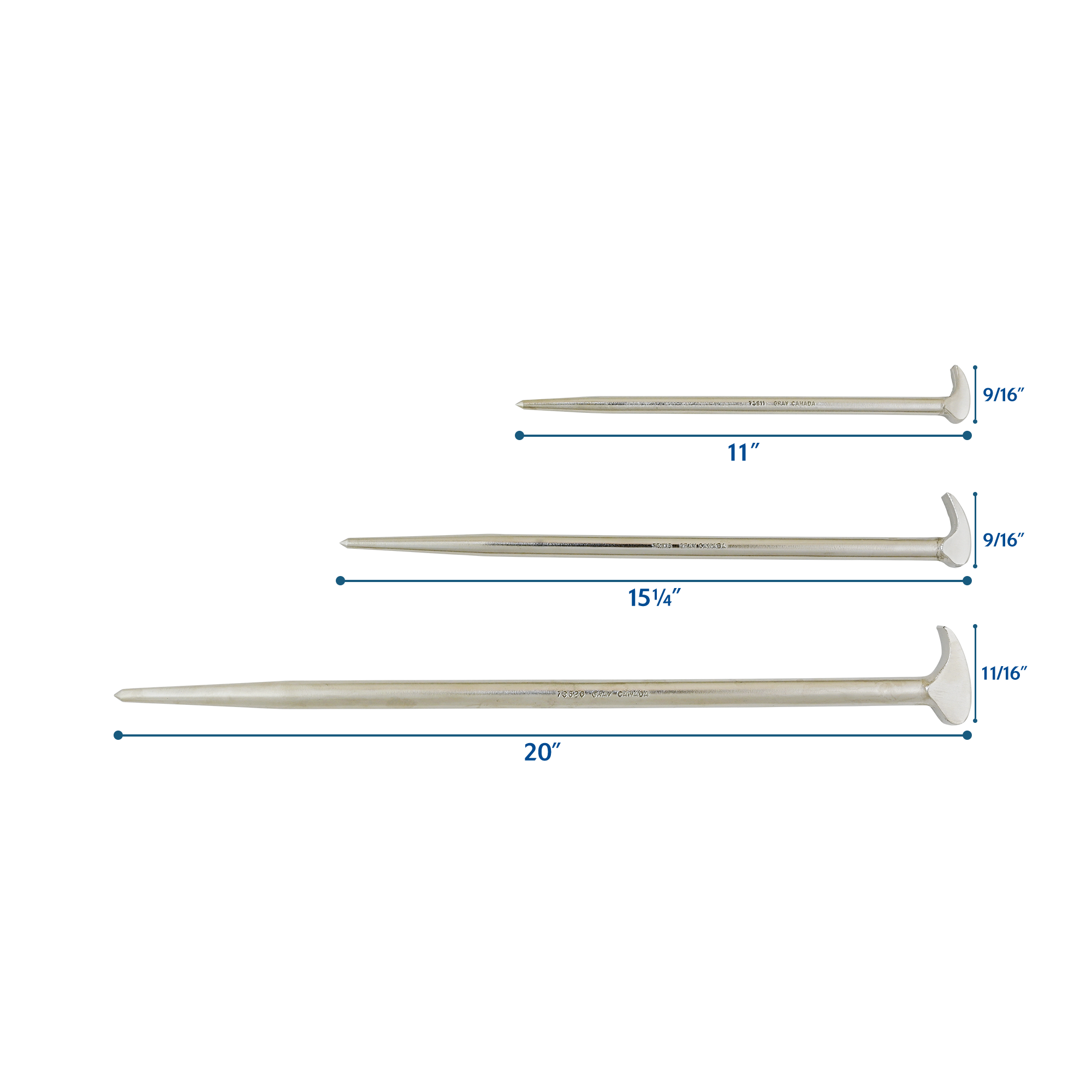 3 Piece Rolling Head Pry Bar Set Nickel Plated Finish