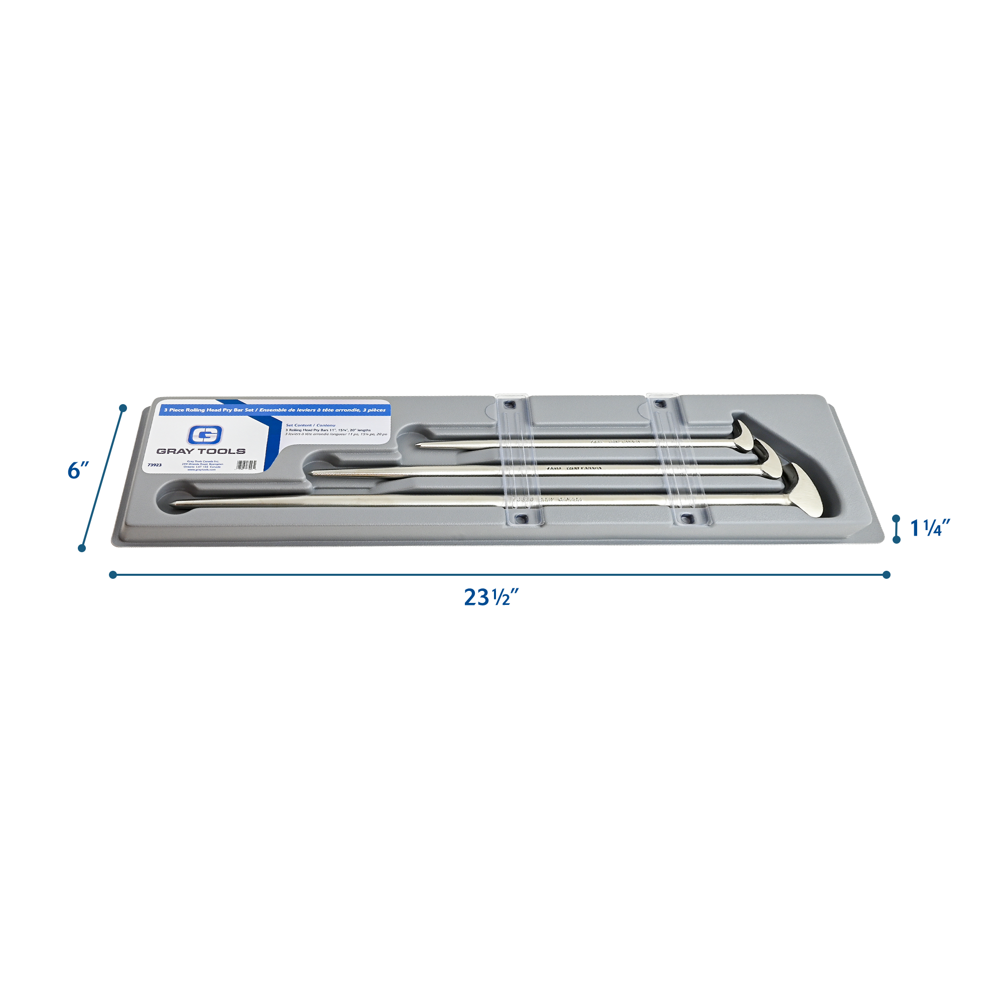 3 Piece Rolling Head Pry Bar Set Nickel Plated Finish