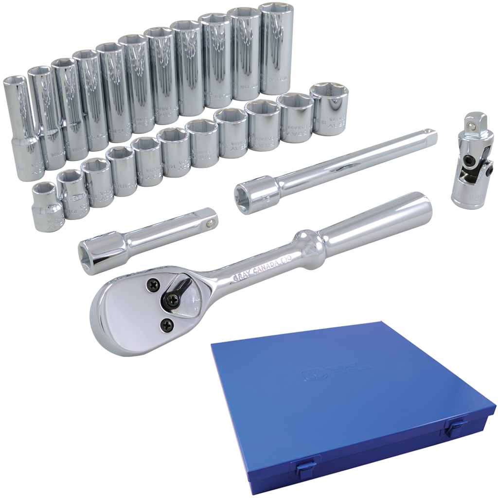 3/8" Dr. 26 Piece 6 Point Standard & Deep Metric Socket & Attachment Set