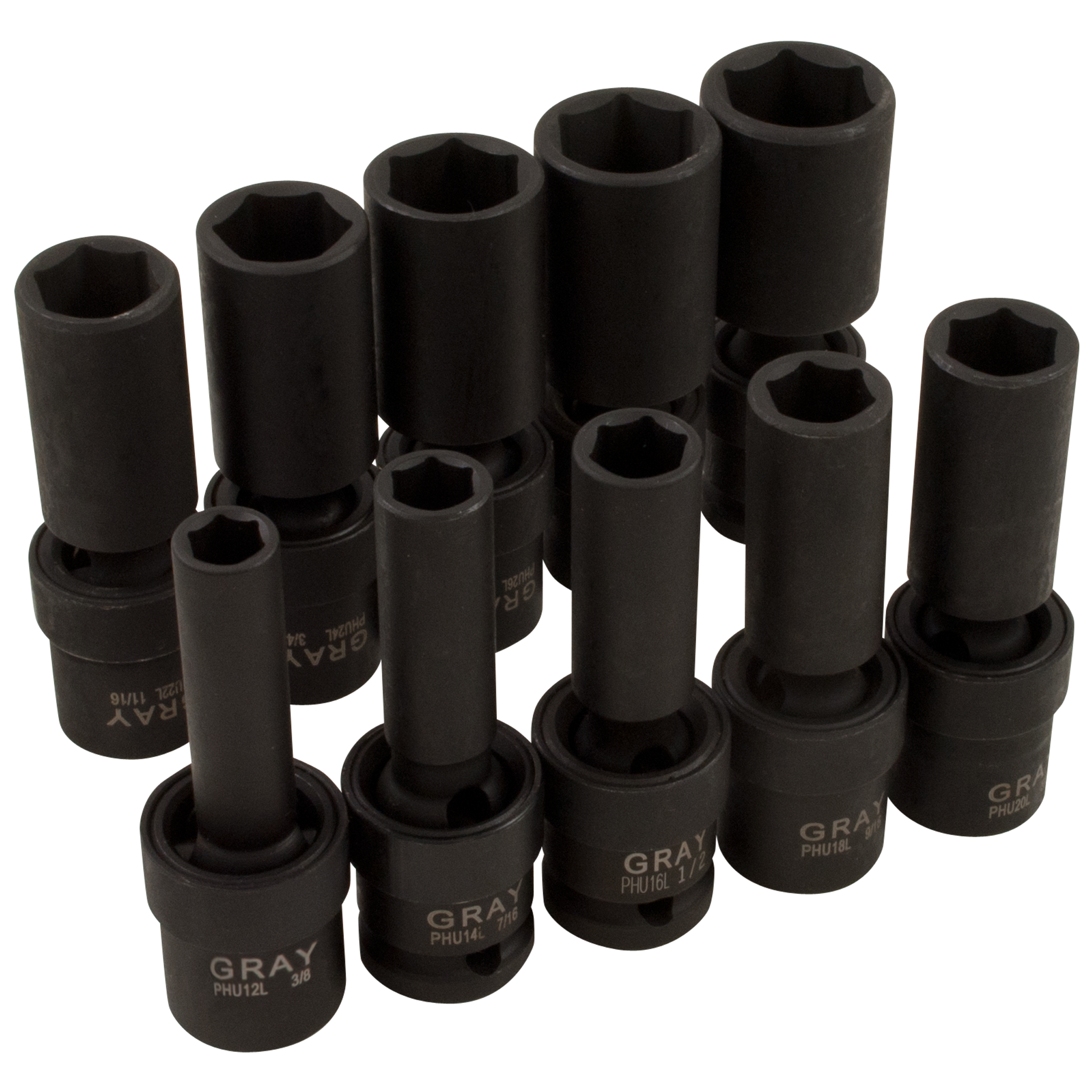 1/2" Dr. 10 Piece 6 Point Deep SAE Impact Universal Joint Socket Set