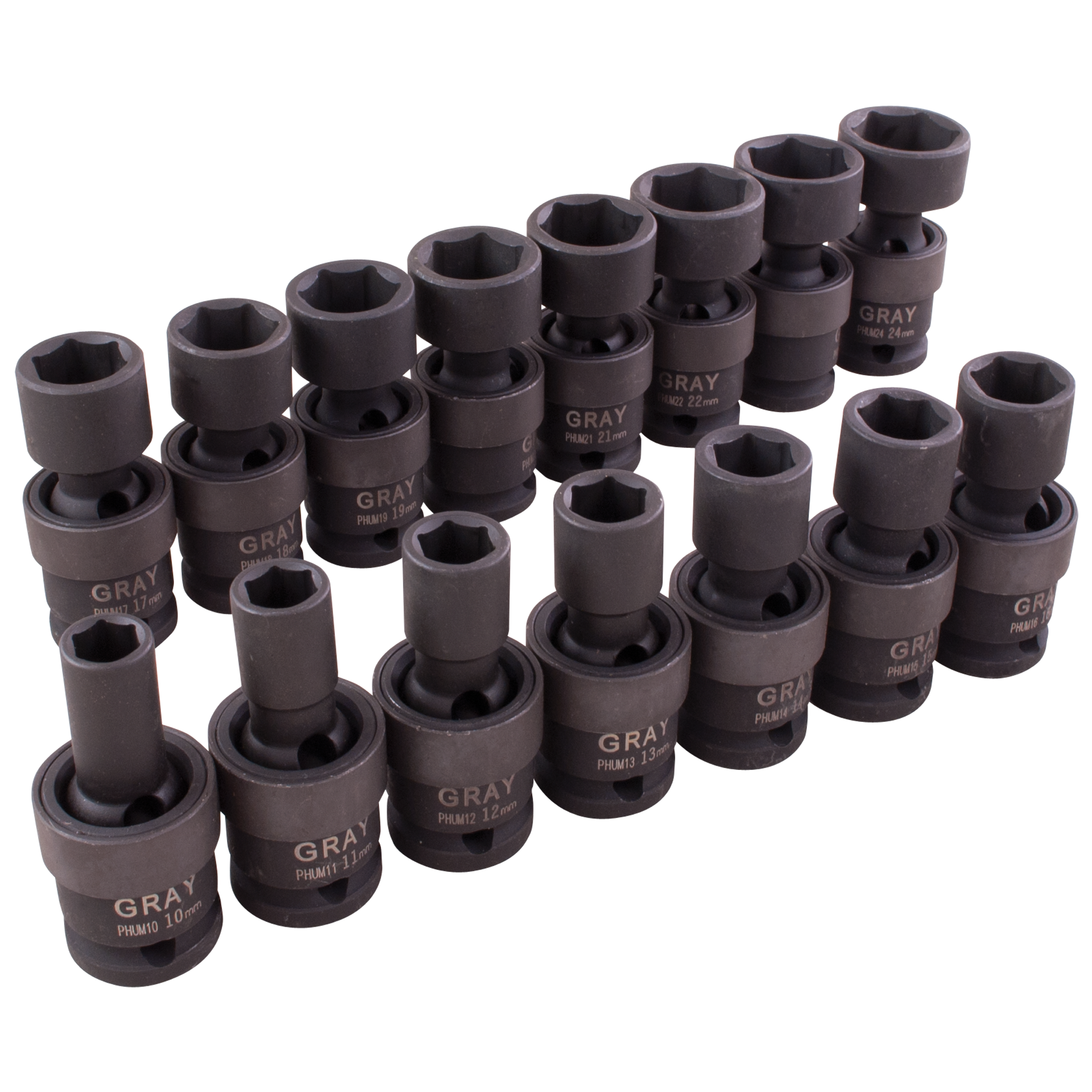 1/2" Dr. 15 Piece 6 Point Standard Metric Impact Universal Joint Socket Set