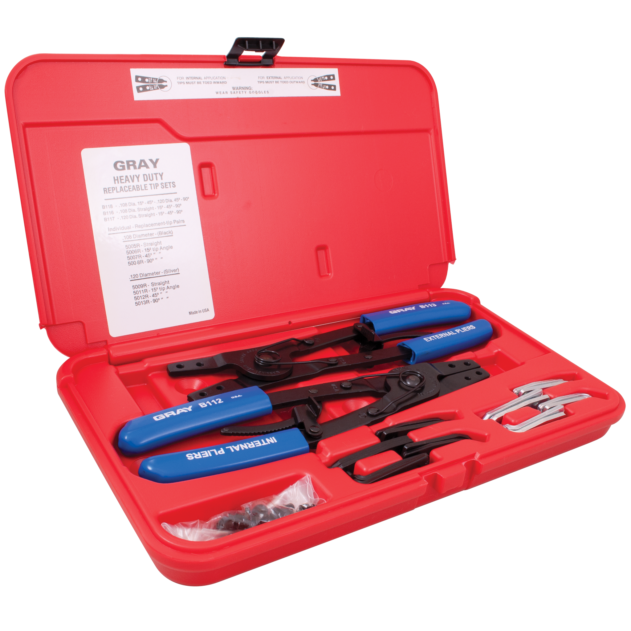 2 Piece Heavy Duty Retaining Ring Pliers Set Internal/External with Interchangeable Tips